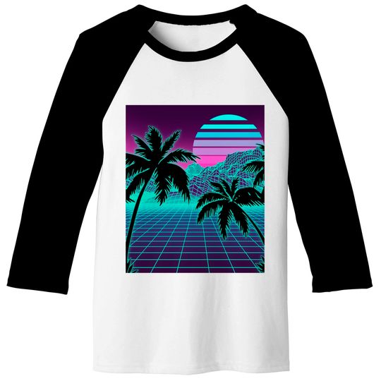 Retro 80s Vaporwave Sunset Sunrise With Outrun style grid Baseball Tees