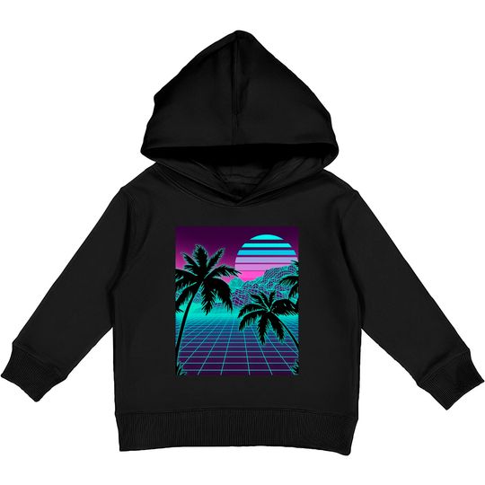 Discover Retro 80s Vaporwave Sunset Sunrise With Outrun style grid Kids Pullover Hoodies
