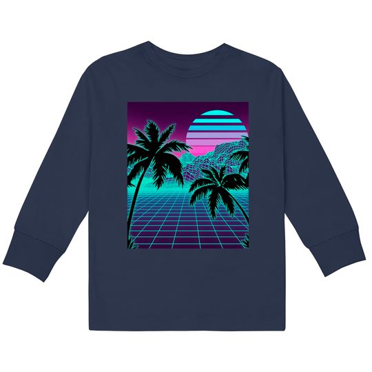 Retro 80s Vaporwave Sunset Sunrise With Outrun style grid  Kids Long Sleeve T-Shirts