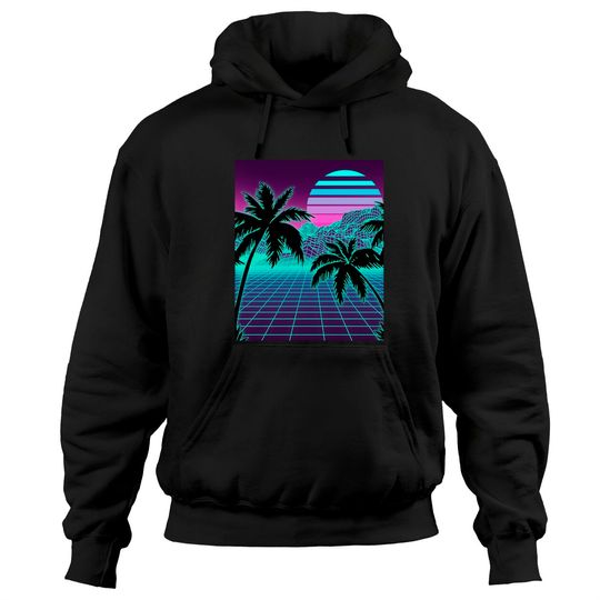 Retro 80s Vaporwave Sunset Sunrise With Outrun style grid Hoodies