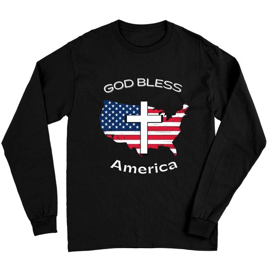 God Bless America White Cross on USA Map Long Sleeves