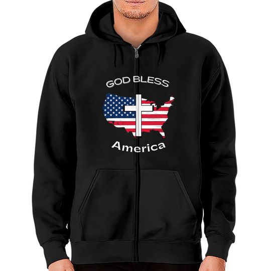God Bless America White Cross on USA Map Zip Hoodies