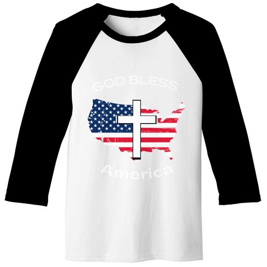 God Bless America White Cross on USA Map Baseball Tees