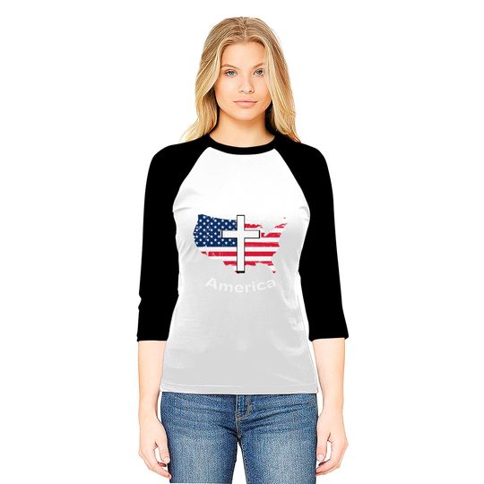 God Bless America White Cross on USA Map Baseball Tees