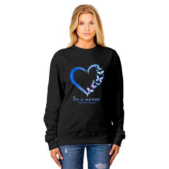 Blue Butterfly Heart I'm A Survivor Colon Cancer Awareness Sweatshirts
