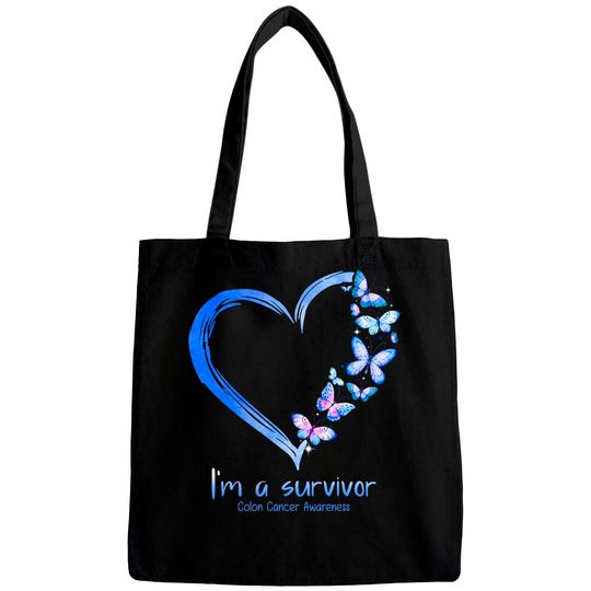 Blue Butterfly Heart I'm A Survivor Colon Cancer Awareness Bags