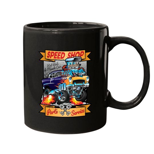 Speed Shop Hot Rod Muscle Car Parts and Service Vintage Cartoon Illustration - Hot Rod - Mugs