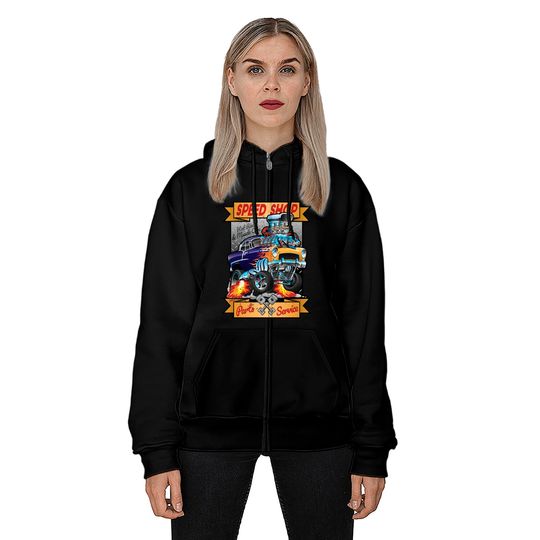 Speed Shop Hot Rod Muscle Car Parts and Service Vintage Cartoon Illustration - Hot Rod - Zip Hoodies