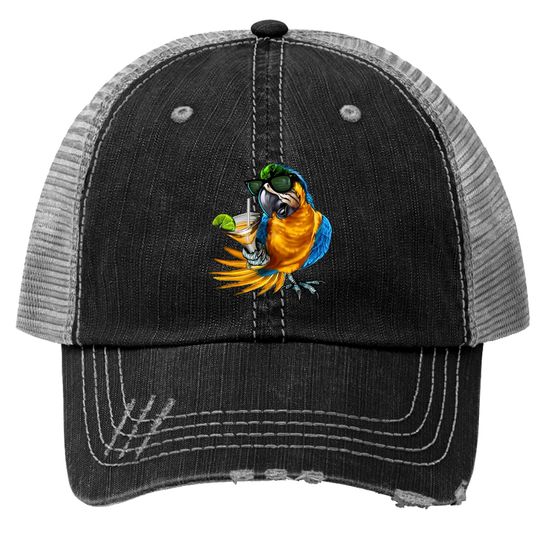 Macaw Parrot Drinking Margarita Tropical Beach Vacation Bird Trucker Hats