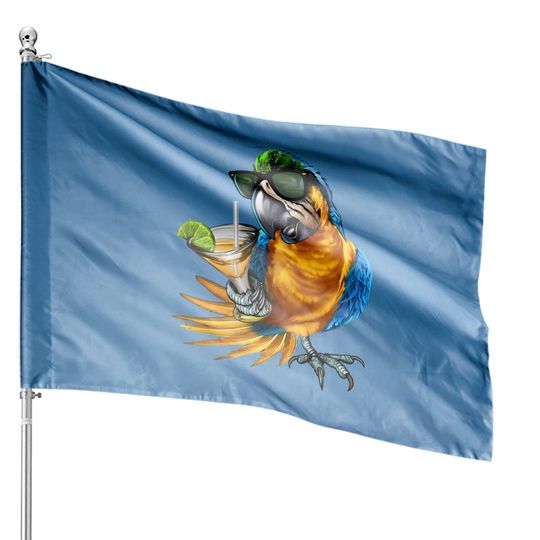 Macaw Parrot Drinking Margarita Tropical Beach Vacation Bird House Flags