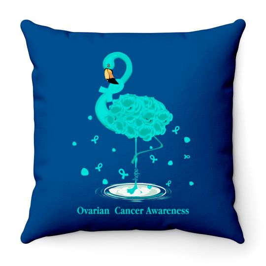 Ovarian Cancer Awareness Teal Ribbon Flamingo Throw Pillows