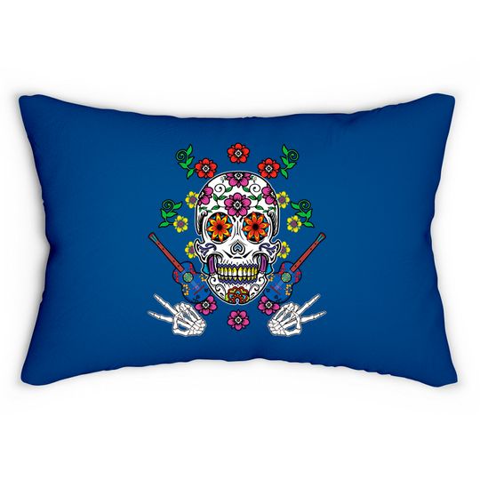 Floral Guitar Sugar Skull Muertos Day Of Dead - Muertos - Lumbar Pillows