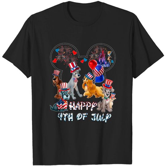 Lady And The Tramp Dogs Mickey Head Disney Happy July 4th Fireworks T-shirts