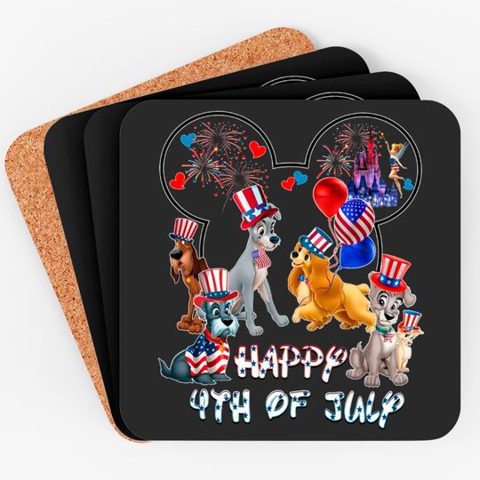 Lady And The Tramp Dogs Mickey Head Disney Happy July 4th Fireworks Coasters