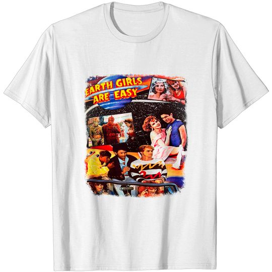 Earth Girls Are Easy - White T Shirt. 80s Movie - Geena Davis, Jeff Goldblum, Jim Carrey, Damon Wayans, Julie Brown.