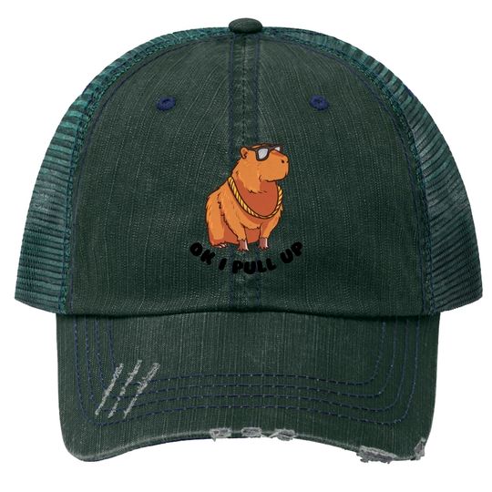 Ok I Pull Up Capybara Trucker Hats, Funny Capybara With Glasses Trucker Hats