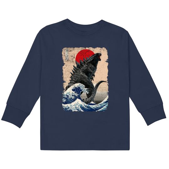 god zilla and the Wave - god zilla -  Kids Long Sleeve T-Shirts