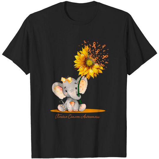 UTERINE CANCER AWARENESS Cute Elephant Sunflower Peach Ribbon Gift - Support Uterine Cancer Survivor 2a - T-Shirt