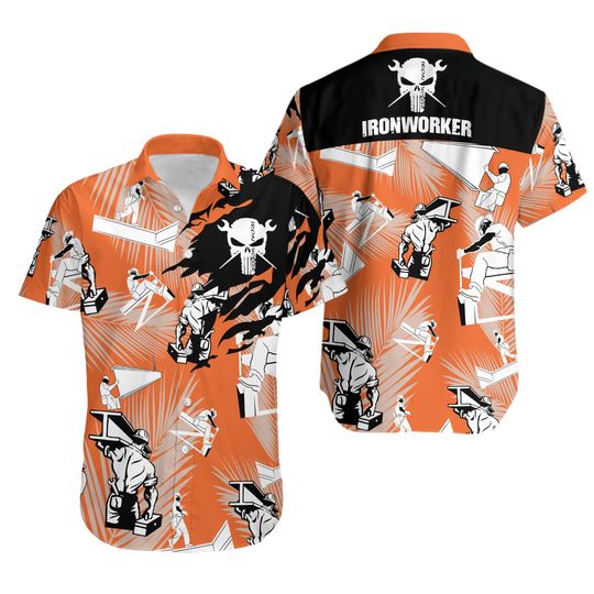 Ironworker Skull Orange  Hawaiian Shirt