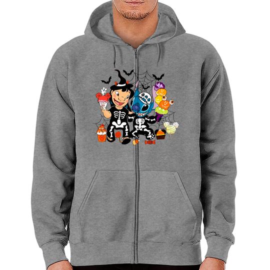 Lilo & Stitch Halloween Zip Hoodies, Disney Stitch Skeleton Zip Hoodies