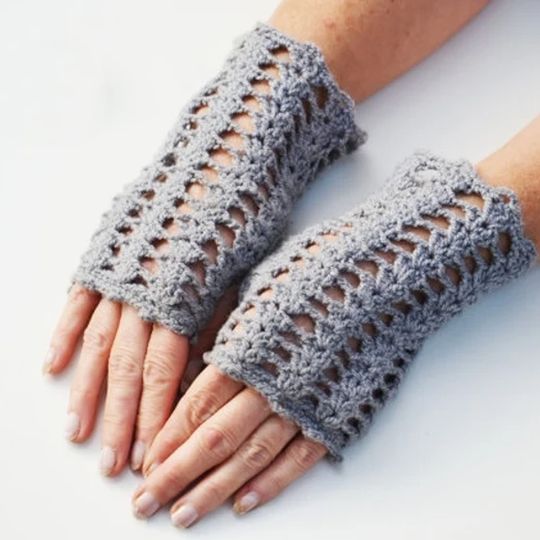 Crochet Grey Fingerless Mittens, Warmers Gloves