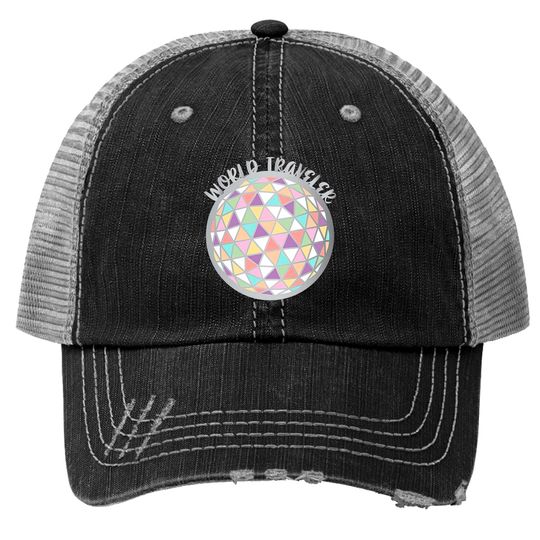 World Traveler Epcot Ball Trucker Hats, Disney Trucker Hats, Drinking Around The World Trucker Hats, Colorful Disney Trucker Hats