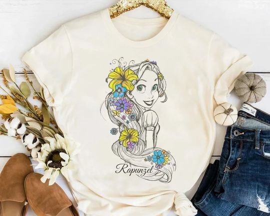 Disney Tangled Rapunzel Floral Sketch Portrait Shirt, Disneyland Vacation Holiday
