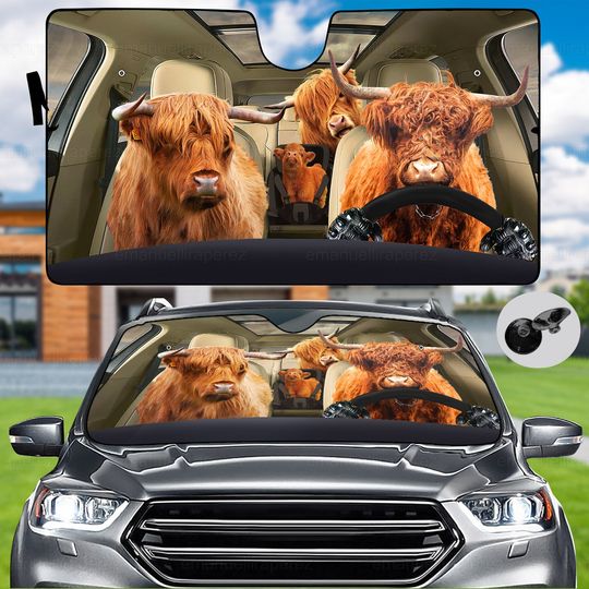 Highland Cow Car Sunshade, Family Cow Sunshade, Car Decor, Heifer Sunshade