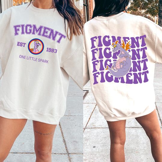Disney Figment 2 Sided Print Sweatshirt Purple Dragon Sweatshirt , Figment Est 1983, One Little Spark Vintage Sweatshirt