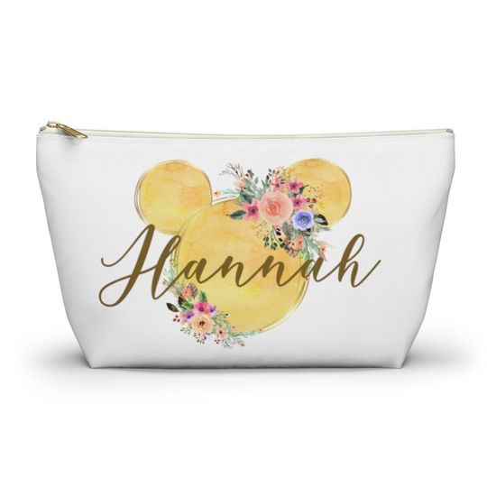 Personalised Yellow Watercolour Accessory Pouch, Disney Cosmetic Bag, Mickey Bag
