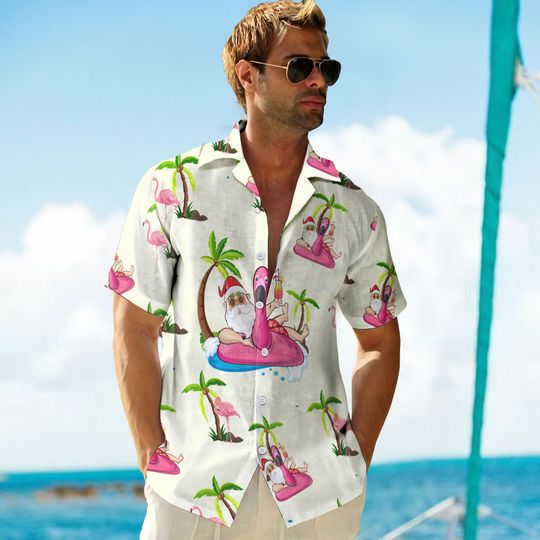 Santa Claus With Flamingo Christmas In July Hawaiian Shirt, Aloha Beach Shirt, Mens Shirt Summer