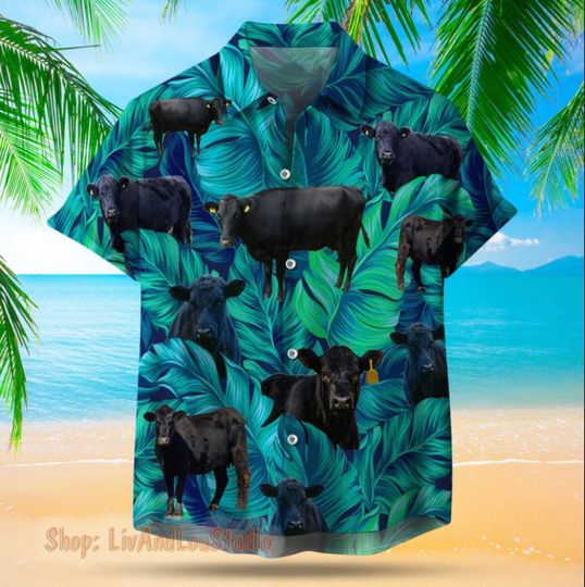 Black Cow Leafy Hawaiian Shirt/ Black Angus Cow Hawaiian Shirt