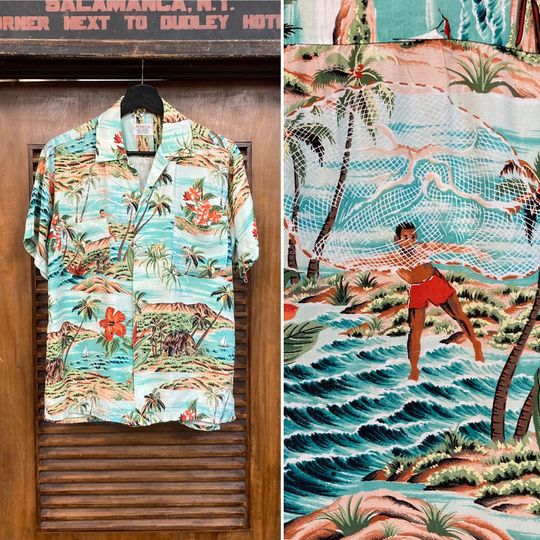Vintage 1950s Penneys Label Net Fisherman Rayon Hawaiian Shirt