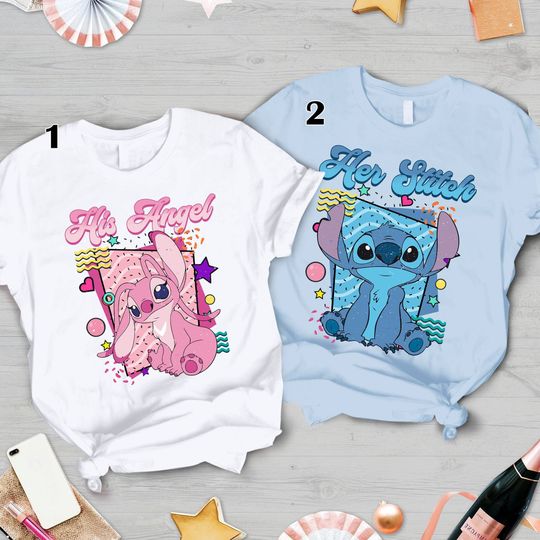 Retro 90s Her Stitch And His Angel T-shirt Disney Couples Valentine Day 2023 Tee