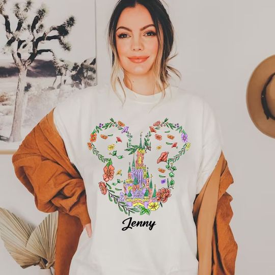 Watercolor Floral Disney Castle Shirt, Personalized Magic Kingdom Castle Matching, Spring Vibes Family Shirt 2023