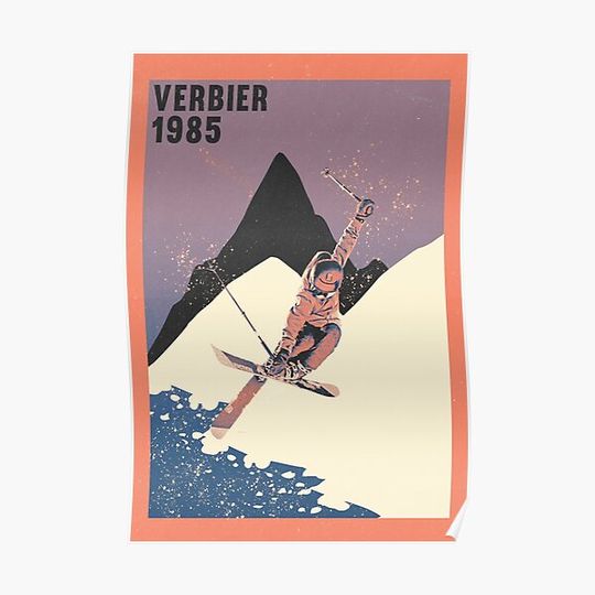 Discover Verbier ski mountains 1985 vintage skiing 80's Premium Matte Vertical Poster