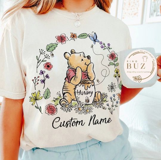 Personalized Floral Disney Winnie The Pooh Shirt, Vintage Pooh Bear Shirt, The Pooh and Friends Sketch Shirt