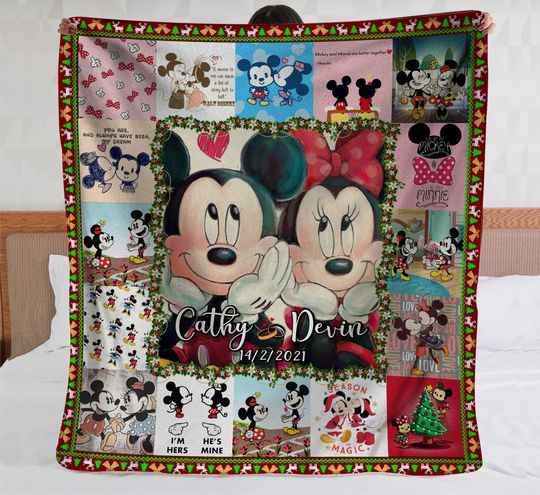 Personalized Mickey Minnie Mouse Couple Fleece Blanket Custom Disney