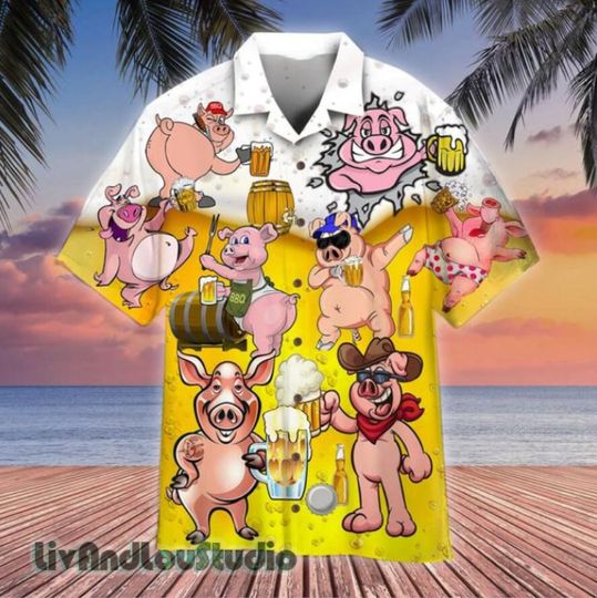 Discover Funny Pigs Print Beer Pigs Hawaiian Shirt/ Pig Lovers Hawaii Shirt