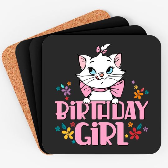 Disney Marie Cat Birthday Coasters, Birthday Girl Coasters, Aristocats Birthday Party Coasters