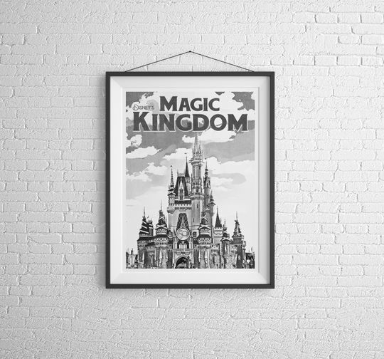 Magic Kingdom, 50th Anniversary, Black & White, Retro Disney Print, Disney Poster, Disney Gift, Disney World Prints, A1, A2, A3, A4, A5