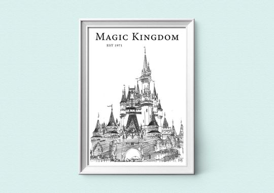 Magic Kingdom Sketch Print, Modern Black And White Style, Ci.nde.rella Castle, Contemporary Disney Prints