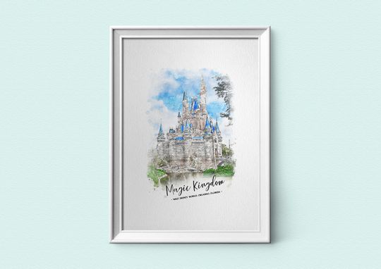 Ci.nde.rella Castle, Watercolour Style Print With Text, Magic Kingdom, Disney Prints, A3, A4, A5