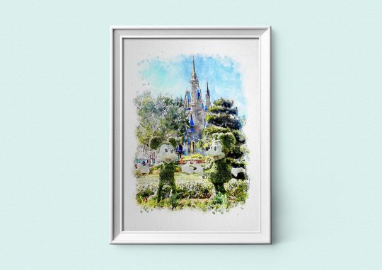 Mickey Mouse Topiary Watercolour Sketch Print, Magic Kingdom, Disney Prints, A3, A4, A5