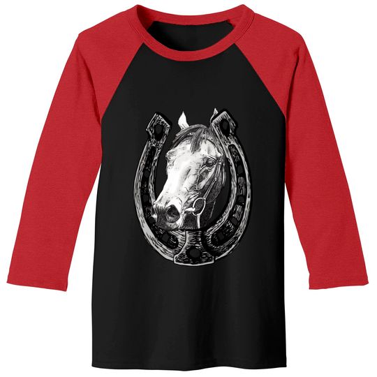 Noble horse looks through a horseshoe Baseball Tees