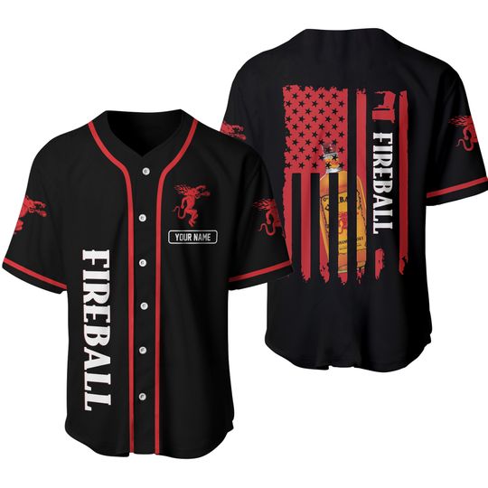 Personalized USA Flag Fireball Whisky Baseball Jersey, Alcohol Baseball Jersey