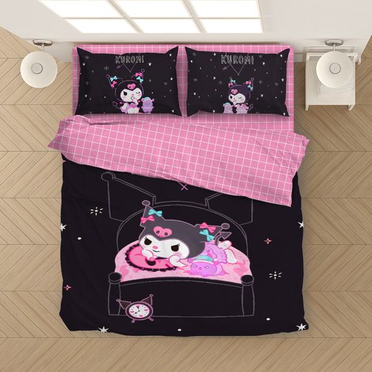 Pink Black Duvet Cover Set, Hello Kitty, Kuromi Bedding Set