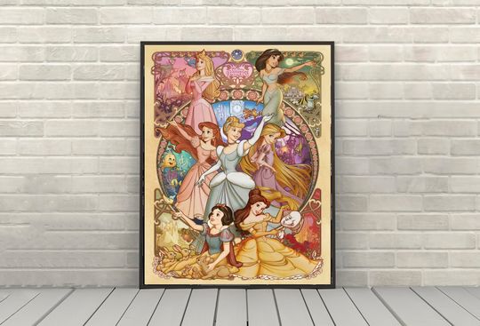 Disney Princess Poster Cinde, Little Mermaid, Jasmine, Snow White, Sleeping Beauty, Tangled Poster