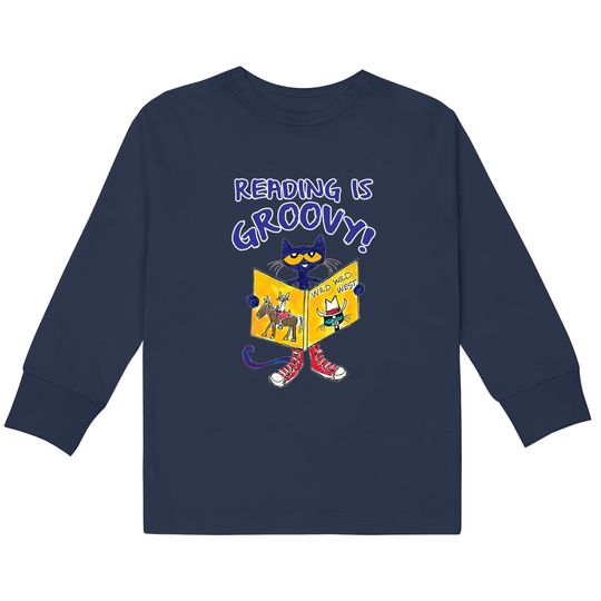 Reading is Groovy Pete Cat Kids Long Sleeve T-Shirts, Cat Lover Kids Long Sleeve T-Shirts, Groovy Kids Long Sleeve T-Shirts