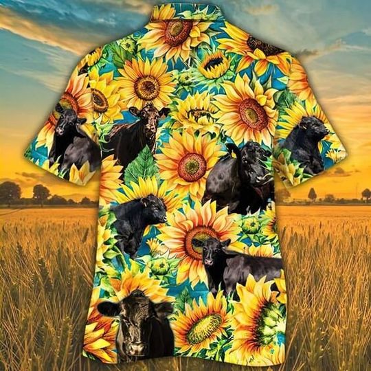 Black Angus Cattle Lovers Sunflower Watercolor Hawaiian Shirt, Cow Flower Aloha shirt